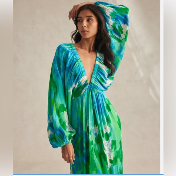 Hemant & Nandita Vida Blue Green Long Maxi Dress Kaftan $585 size Large - Picture 2 of 12